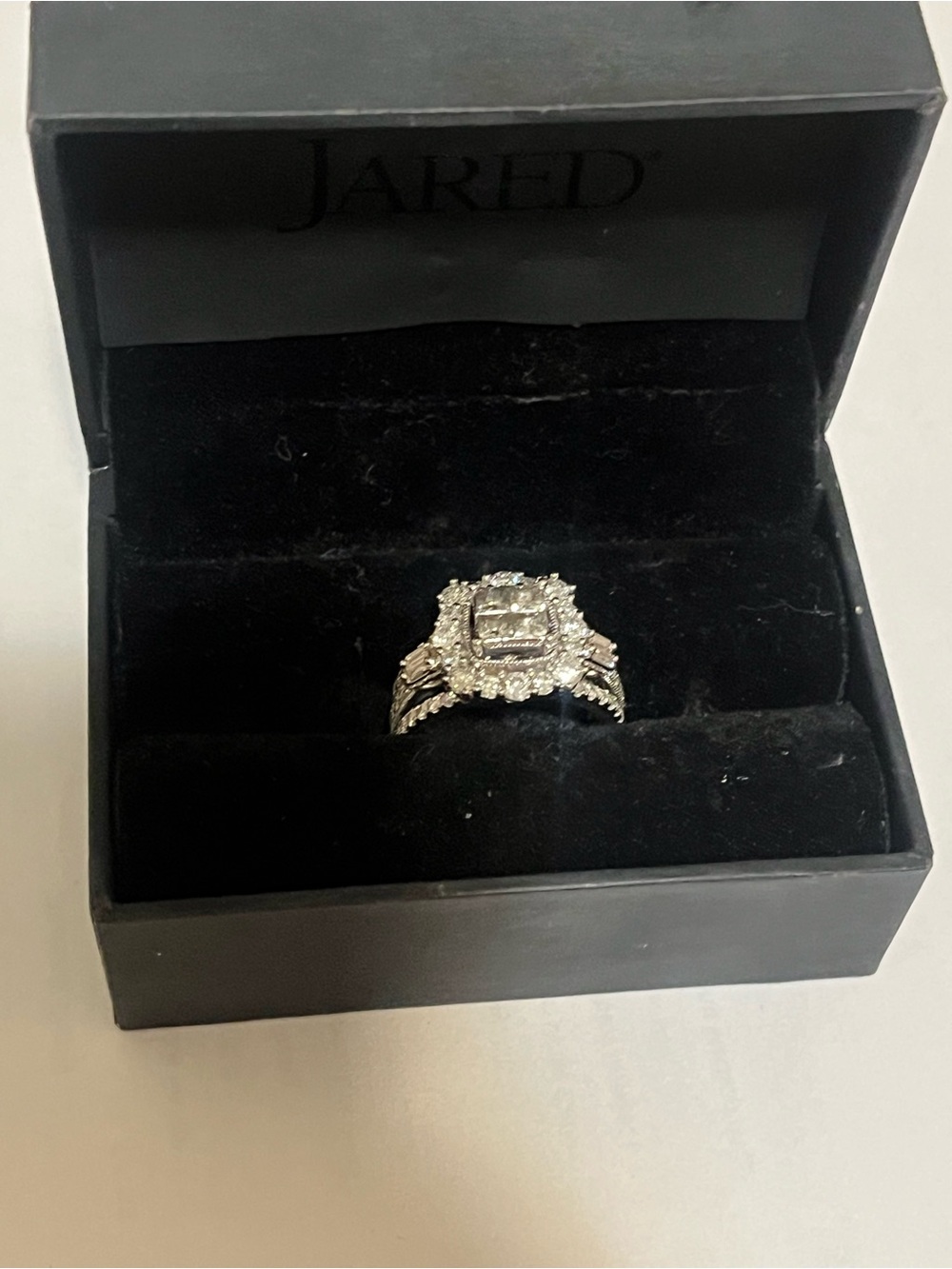 Red Platinum-Tone Halo Diamond Ring with Square Center